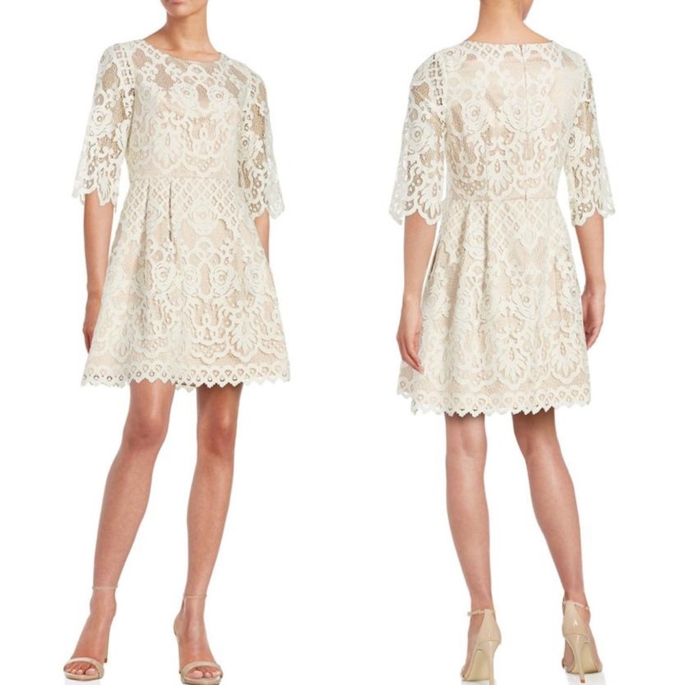 Eliza J Ivory Lace Fit and Flare Cocktail Dress